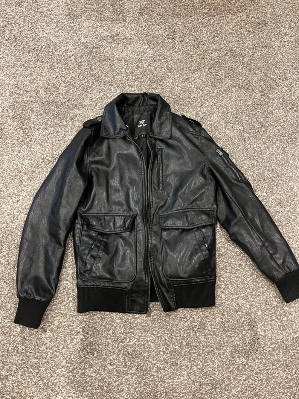 Black Faux Leather Cargo Styled Bomber Jacket